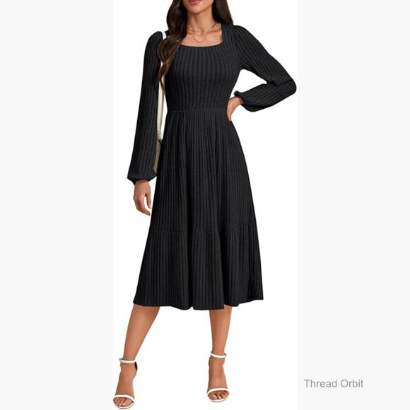Dresses & Skirts - Long Sleeve Ribbed Knit Sweater Dress, Square Neck Tiered A-Line Fall Winter